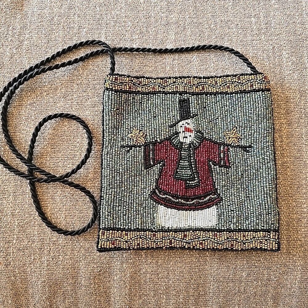 Rustic Snowman Full-Beaded Cross-Body Bag Purse Small Cord Strap Christmas Winte